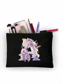Polyester Zipper Makeup Bag With Flower And Butterfly Letter A-Z Pattern, Elegant Butterfly Design Cosmetic Bag, Coin Purse, Great Gift For Lover And Family, College Dorm Makeup Organizer, Storage Bag, Minimalist Toiletry Bag, Gift Bag, Snack Bag, Mother's Day Gift, Teacher Back To School Gift, Sister Gift, Best Gift For Mother, Birthday Gift - Black - View 27