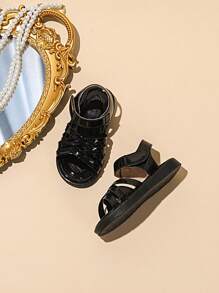 1 Pair Cute Striped Woven Hook And Loop Flat Sandals For Little Girls - Black - View 5