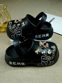 Women Sweet & Cool Cartoon Bear Print Removable Comfy Soft Insoles Wedge Contrast Color Beautiful Elegant Fashion Personalized Slip On Sandals, Suitable For Walking, Beach - Black-gold Bear - View 7