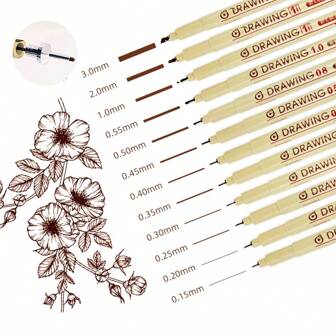 3 支/4 支/5 支/12 支棕色细线笔、棕色马克笔、各种尺寸笔尖，适用于艺术家插画、书法、素描、技术绘画