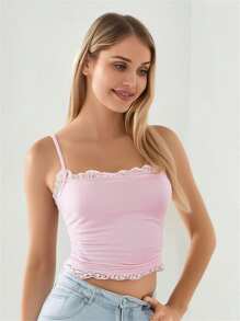 Women Crop Camisole Casual Summer Lace Patchwork Spaghetti Straps Tank Tops Sleeveless T-Shirt For Club Streetwear