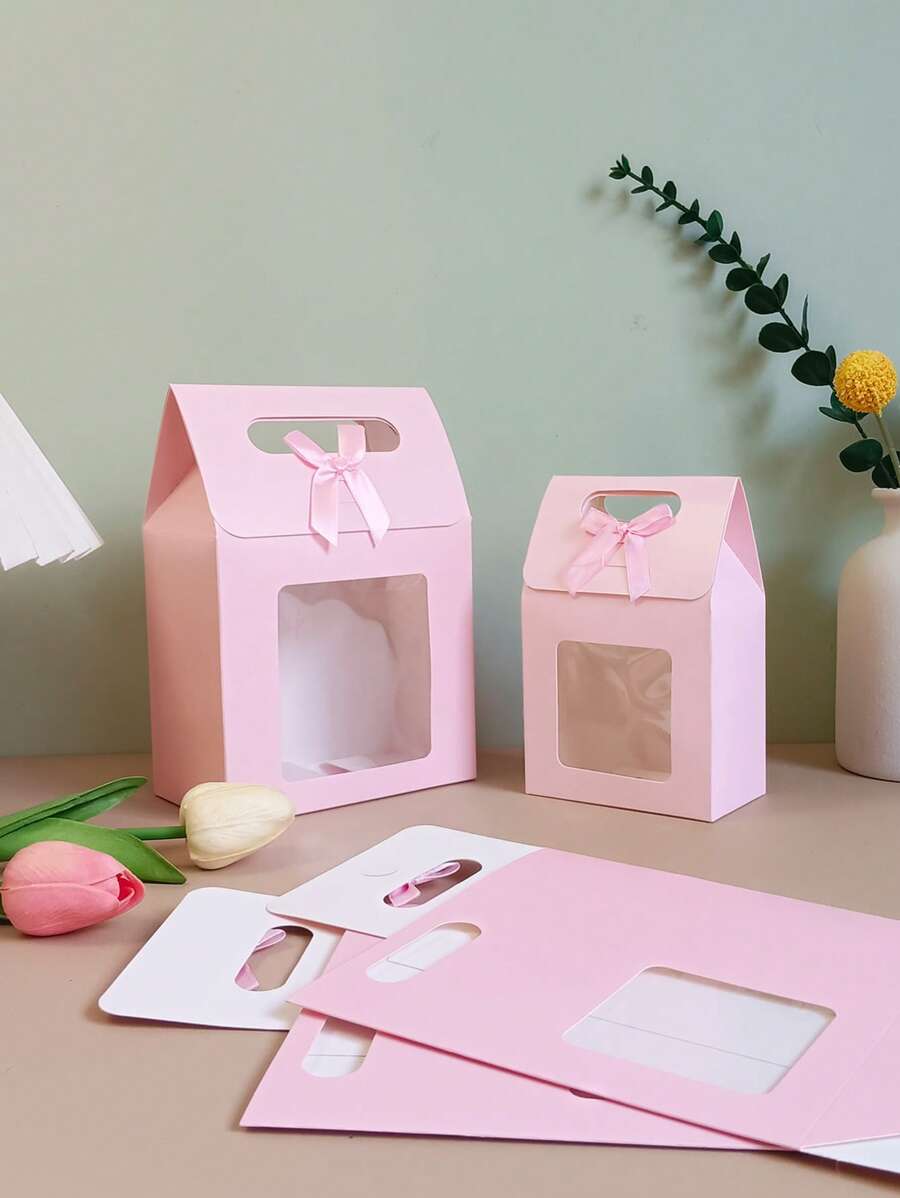 5/10pcs Pink Gift Boxes With Bows, Handheld Gift Boxes With Transparent Display Window, Suitable For Bridal Shower, Holiday Birthday Party Supplies, Back To School Gift Bags, Suitable For Small Business Classroom Gifts, Wedding Decoration Supplies