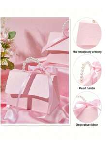 10pcs Faux Pearl Decorated Gift Bags, Simple Party Packaging Bags, Pearl Handle Decorated Paper Gift Boxes, Exquisite Pink Gift Packaging Boxes, Embossed Floral Boxes, Wedding Candy Bag Paper Boxes, Mini Packaging Bags, Suitable For Wedding Gift Decoration, Mother's Day Gift Packaging, Bridal Shower Gift Packaging - Multicolor - View 7