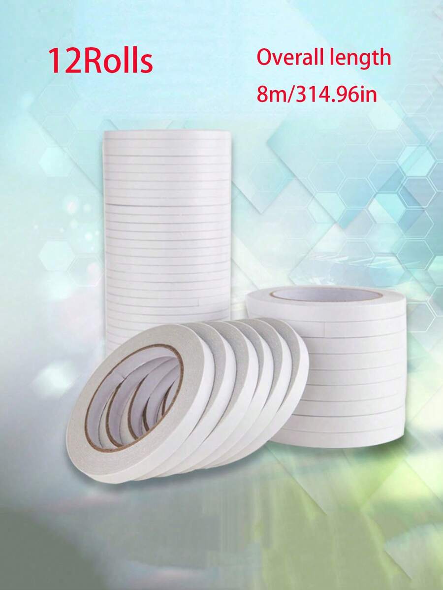 12卷双面胶带家用强力自粘贴纸适用于DIY气球装饰配件白色强力纸白色透明双面胶带适用于办公室学习礼物返校 - 彩色 - 查看 1