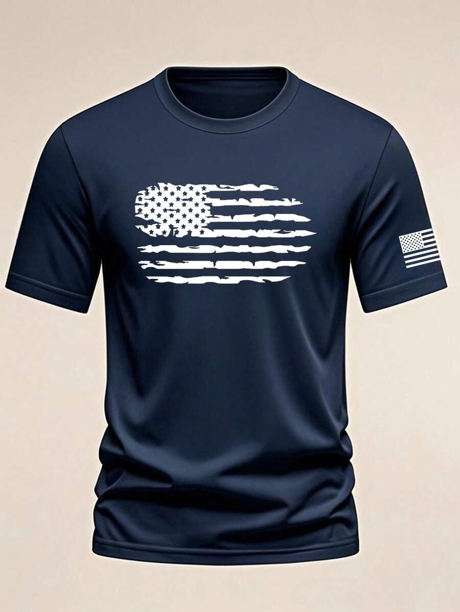 Men's Summer USA Flag Printed Casual Round Neck Short Sleeve T-Shirt - Navy Blue - View 1
