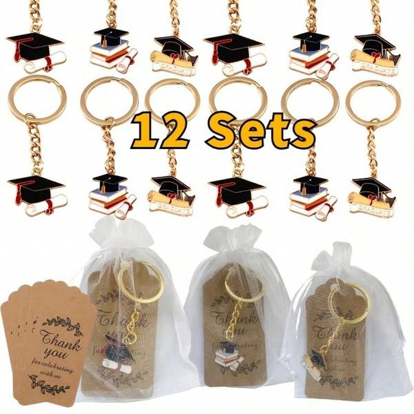 36 PIEZAS/12 JUEGOS de obsequios de llaveros de graduación, que incluyen 12 llaveros, 12 tarjetas de agradecimiento motivadoras y 12 bolsas de cordón de gasa, para ocasión universal y de graduación, obsequios conmemorativos de graduación, tema de carnaval, felicitaciones por la graduación