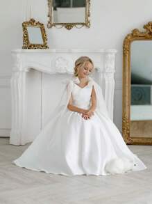 Tween Girl Bowknot Back Deep V Puff Sleeve Mesh Tulle Princess Dress, Suitable For Birthday Party, Wedding, Flower Girl, Prom, Holiday Occasions - White - View 7