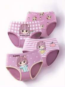 4pcs Pack Tween Girl Cartoon Girl & Stripe Printed Cute Bikini Panties