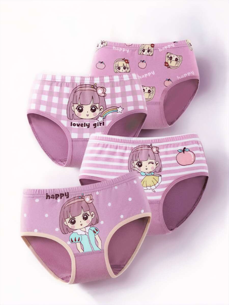 4pcs Pack Tween Girl Cartoon Girl & Stripe Printed Cute Bikini Panties