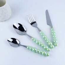 4 pièces/Set de couverts en céramique avec manche nacré, comprenant couteau à steak, fourchette et cuillère. En acier inoxydable épais, de style scandinave luxueux. Ensemble de vaisselle de qualité, convenant pour les repas occidentaux, le thé de l'après-midi, la cuisine à la maison, les mariages, le Nouvel An, les anniversaires, les pique-niques, les fêtes, les cadeaux pour la Fête des mères, la Fête des pères, Noël, et les fournitures scolaires.