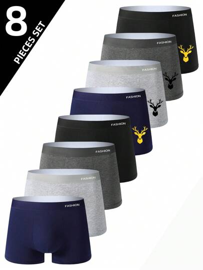 8 peças de cuecas boxer masculinas, cor sólida e série impressa, cuecas boxer confortáveis e respiráveis, calções esportivos elásticos, roupa íntima casual durável para uso diário