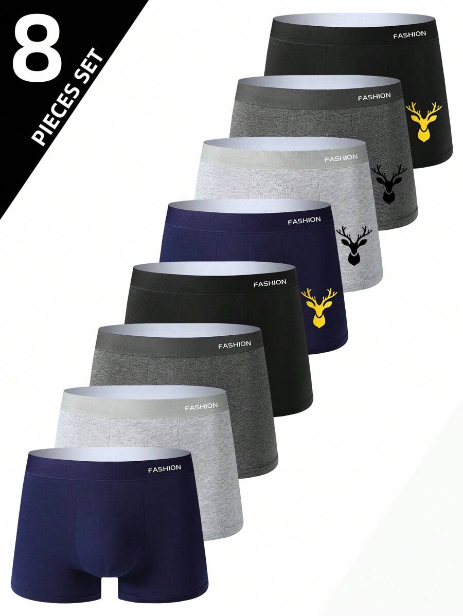 8 件装男士平角内裤，纯色和印花系列，透气舒适平角短裤，弹力运动短裤，休闲耐用内衣，适合日常穿着 - 彩色 - 查看 1