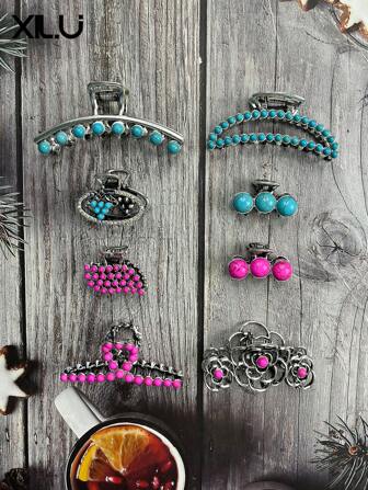 1 st vintage västerländsk stil turkos inredning Hårkloklämma, antikt mässingslegeringsmaterial, moderiktigt och premium