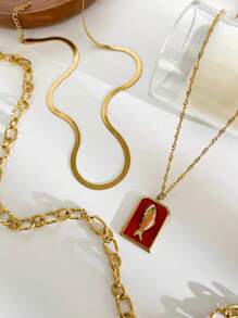 Monlansher 1pc New Stainless Steel Necklace For Women, Fashion Square Plate Embossed Fish Design Handmade Glazed Pendant, Versatile Daily Wear Layered Necklace - Gold - View 6