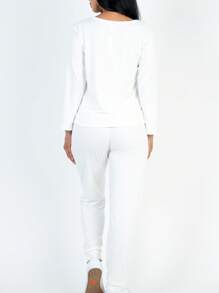 2pcs Pajama Sets For Women Solid Long Sleeve Tee & Pants PJ Set - White - View 4