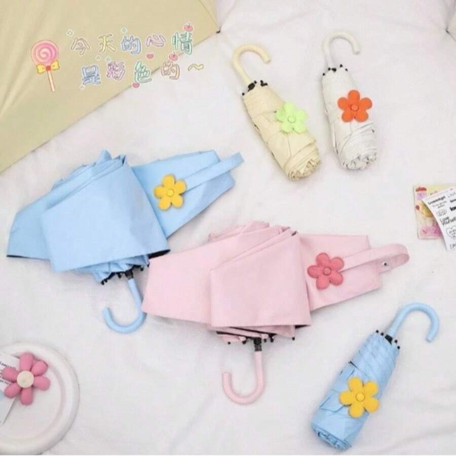 664 - Mini Umbrella Mini Pocket Umbrella With Handle And Button Closure Flower Shape Light Pink Color - Hồng nhạt - Xem 1