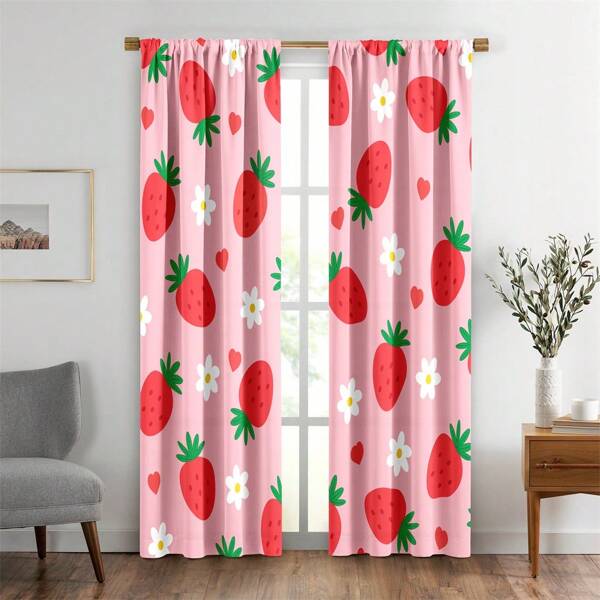 1 Set/2 piezas Cortinas de fresa de dibujos animados, cortinas impresas con flores de fresa Kawaii, cortinas con tema de flores y brotes naturales para niños, tratamientos de ventana rosa