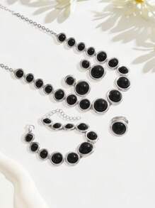 三件套奢华复古几何镀金合金仿烟晶长方形大宝石项链耳环戒指首饰套装，优雅适合派对、通勤、约会等场合。 - 金黃色+透明灰 - 查看 5