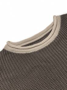 Women's Contrast Trim Casual Contrast Patchwork Batwing Sleeve Knit Top, Short Sleeve Knit Sweater, Sleeveless Tank Top, Summer Top, Spring Clothing, Loose Camisole, T-Shirt - Coffee Brown - View 9