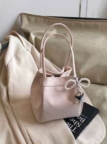Girls' Fashionable Minimalist Handbag, Cute Bow Decor PU Material Tote - A - View 7