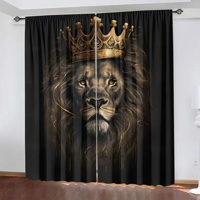 2 piezas de cortinas opacas con estampado digital de león de poliéster para el dormitorio, sala de estar, oficina y decoración del hogar, con diseño de ojales adecuado para barras de cortina