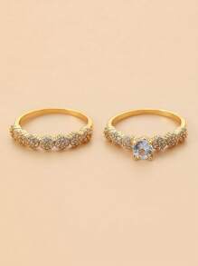 礼盒套装，奢华金戒指，全方晶锆石镶嵌，纯铜仿钻首饰，适合女性婚礼和节日礼物 - 金色 - 查看 4