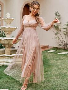 Simplee Women's Summer Tulle Fitted Maxi Length Elegant Bridesmaid Dress, Graduation Dress - Baby Pink - View 5