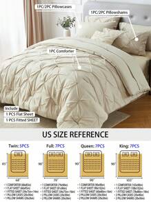 5Pcs/7-Pcs Queen Pinched Pleat Bed Comforter Sets Queen  - Luxurious, Soft, Breathable, Hypoallergenic, And Cooling Summer Bedding For All Seasons With Sheets, Pinched Pleat   Design, And Bed-In-A-Bag Convenience - Easy Care, Machine Washable, And Durable,  Ideal Gift - 卡其色 - 查看 3