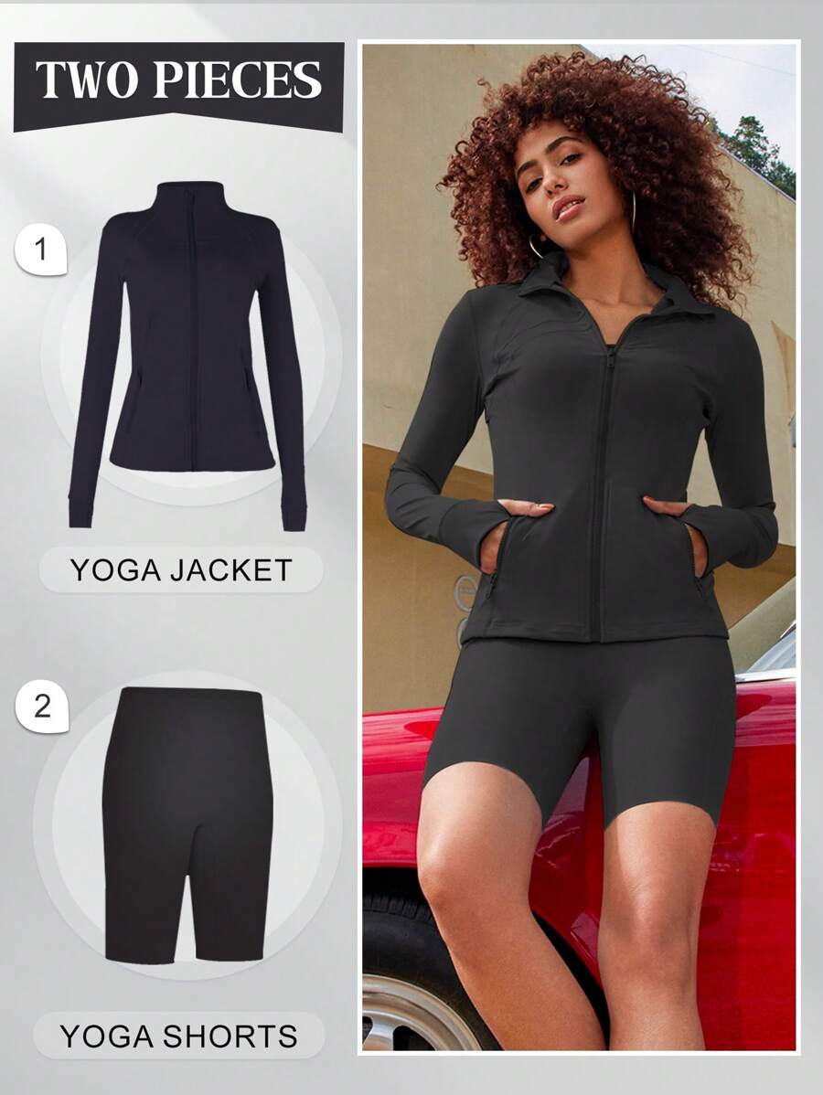 Yoga Pants, Nude Yoga Suit, Jacket, Five-Point Pants, Peach Buttocks, Fitness Slim And Slim - Black - View 1