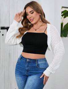 GoyRrbay Women's Plus Size Hollow Shrug Top V Neck Long Sleeve Knit Crop Cardigan - trắng - Xem 1