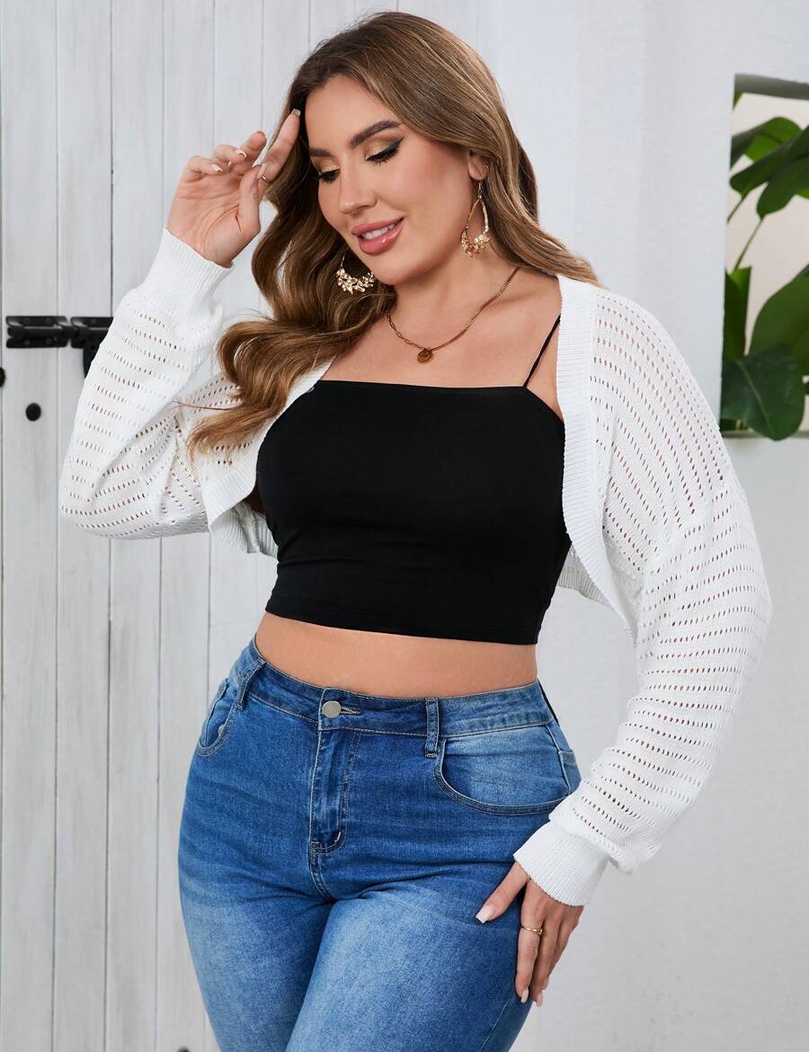 GoyRrbay Women's Plus Size Hollow Shrug Top V Neck Long Sleeve Knit Crop Cardigan - trắng - Xem 1