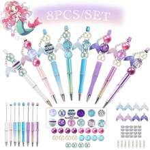 8 قطع/9 قطع قلم مرصع بخرز أزرق وبنفسجي بتدرج اللون بتصميم الحورية، مجموعة تشمل خرز أكريليك ملون بالبريق وقلادات ذيل السمكة، لوازم مكتبية وتعليمية إبداعية، هدية مكافأة