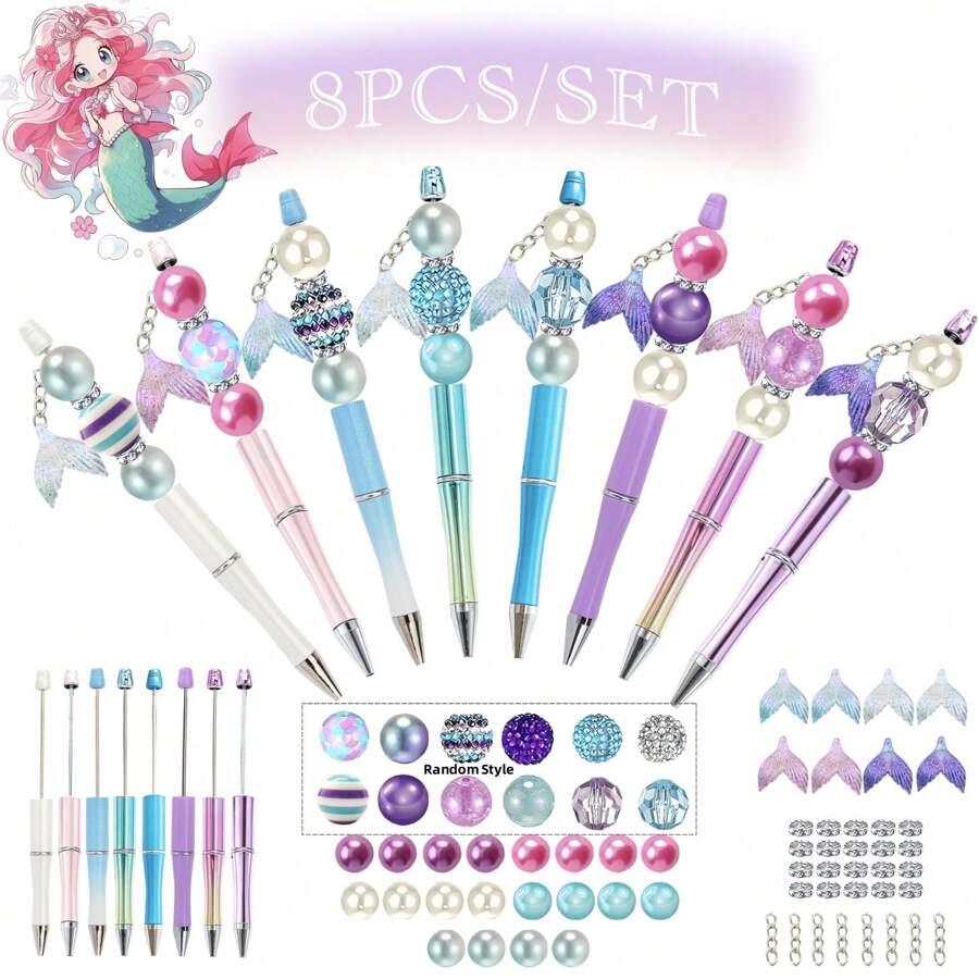8 قطع/9 قطع قلم مرصع بخرز أزرق وبنفسجي بتدرج اللون بتصميم الحورية، مجموعة تشمل خرز أكريليك ملون بالبريق وقلادات ذيل السمكة، لوازم مكتبية وتعليمية إبداعية، هدية مكافأة