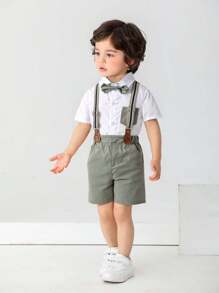 BOARNSEORL 2pcs Young Boys Gentleman Outfit - Short Sleeve Shirt With Bow Tie And Suspender Shorts, Stylish & Outfit For Birthday Party, Wedding, Formal Occasions - Green - View 4
