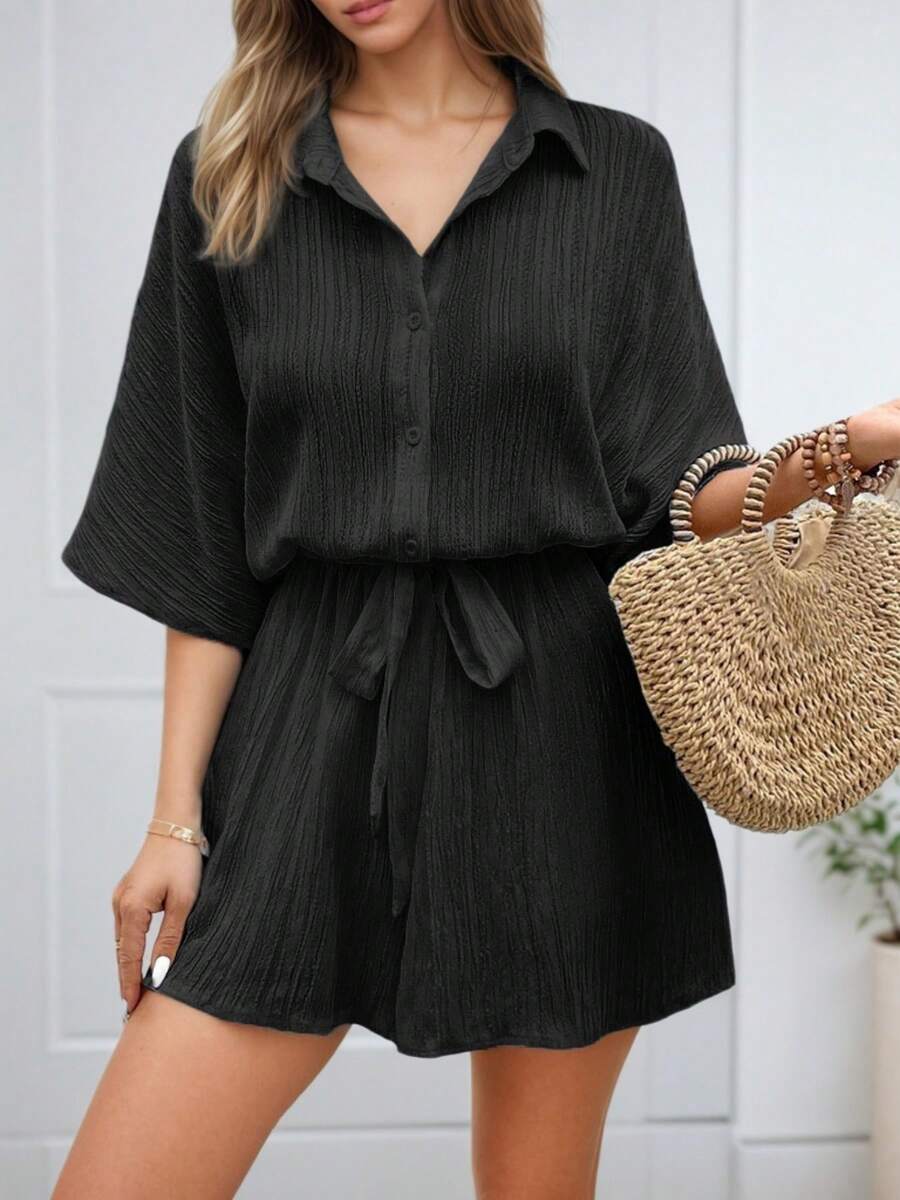 hoteel Women's Solid Color Front Button Short Sleeve Shirt Collar Simple Casual Jumpsuit - Black - View 1