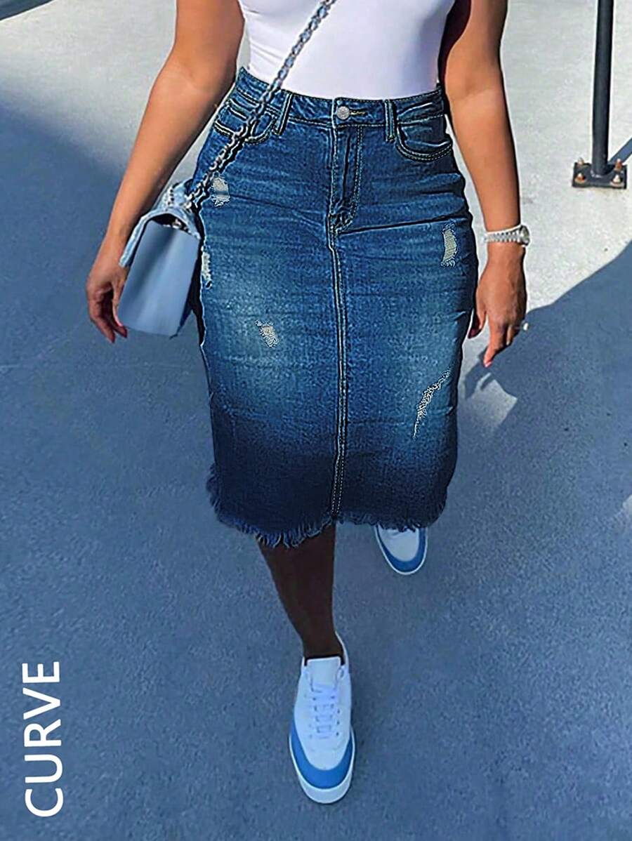 Plus Size Women Elastic Fitted Sexy Denim Skirt - 深色水洗藍 - 查看 1