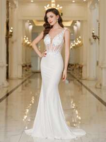 V-Neck Semi-Sheer Wedding Dress With Embroidered Beaded White Elegant Bridal Dress - 白色 - 查看 5