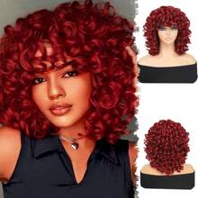 14英寸耐热合成假发，蓬松卷发带刘海，酒红色纤维假发，方便日常佩戴，适合初学者，蓬松卷发 - 酒紅色 - 查看 2
