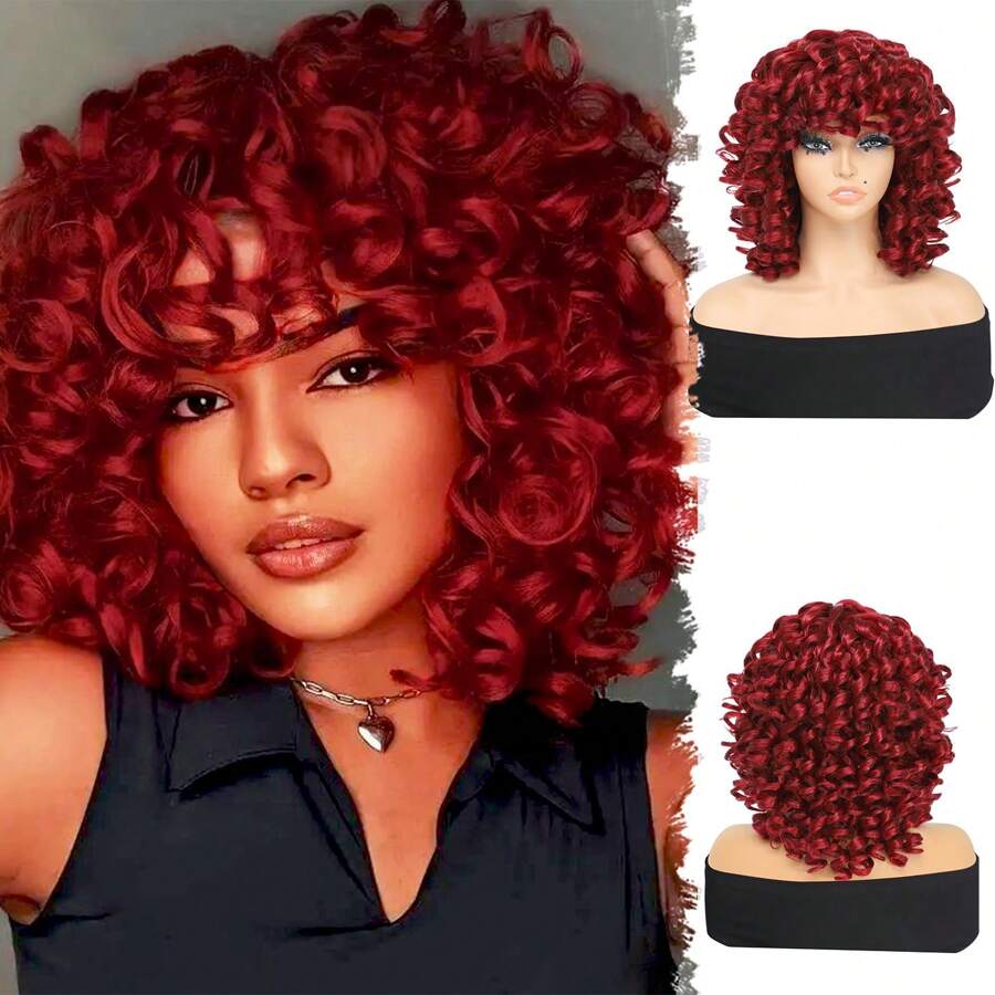 14英寸耐热合成假发，蓬松卷发带刘海，酒红色纤维假发，方便日常佩戴，适合初学者，蓬松卷发
