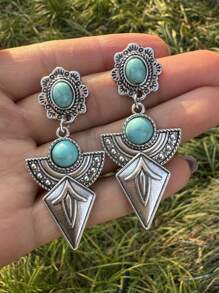 1 Pair Vintage Boho Western Style Turquoise Arrow Drop Earrings For Women - Antique Silver - View 1