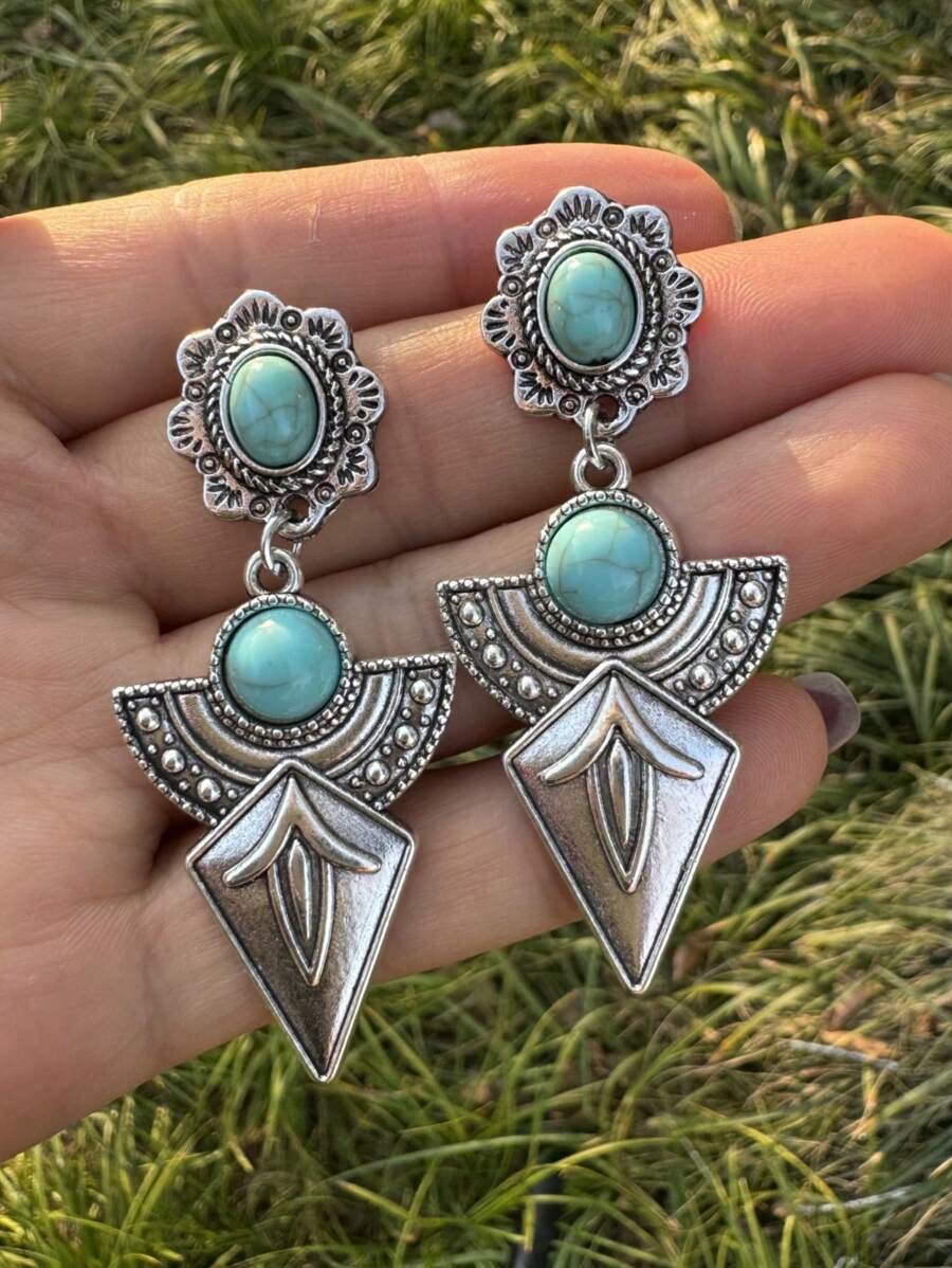 1 Pair Vintage Boho Western Style Turquoise Arrow Drop Earrings For Women - Antique Silver - View 1