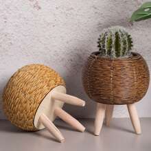 1PC Vintage Imitation Rattan Woven Flower Shelf Planters Handmade Storage Basket With Removable Wooden Legs Plant Pot Stand Holder