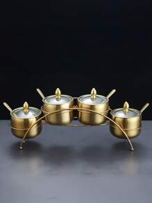 1pc, 250ml Stainless Steel Sugar Bowl With Glass Lid And Spoon - Rust Resistant Jar For Coffee Bar Storage, Kitchen Organizer For Salt, Candy, Coffee Beans 3-Slot 4-Slot With Stand Turntable