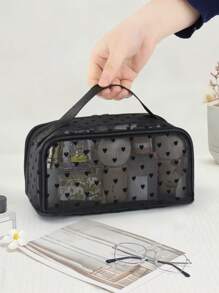 1pc Women Classic Mesh Heart Shaped Cosmetic Bag, Large Capacity Makeup Organizer Bag, Fashion Travel Toiletry Bag Suitable For Work, School & Travel