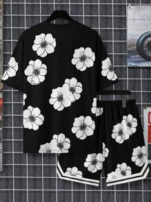 Conjunto casual de camiseta de manga corta con cuello redondo y estampado de letras y flores talla grande talla para hombres, con pantalón corto de cintura con cordón