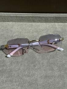 1pc Frameless Rectangular Fashion Glasses, Retro Style Suitable For Outdoor & Travel Use For Summer Beach Vacation,Outdoor,Travel Back To School Fashionable Preppy School Look - Gray Pink - View 2