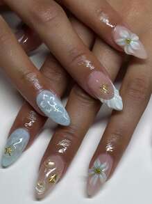 24pcs White Flowers Press On Nails Summer Model Fake Nails Beach Sea Wave Nails Art Shell False Nails Short Oval Shape Press On Nails Manicure Set Includes 1sheet Adhesive Tabs & 1pc Mini File Perfect For Everyday Wvear