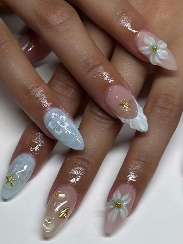 24pcs White Flowers Press On Nails Summer Model Fake Nails Beach Sea Wave Nails Art Shell False Nails Short Oval Shape Press On Nails Manicure Set Includes 1sheet Adhesive Tabs & 1pc Mini File Perfect For Everyday Wvear