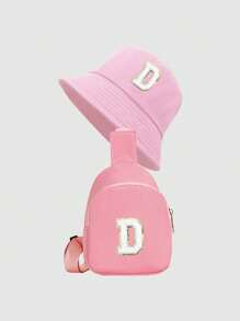 2pcs Set Letter Print Kids Bucket Hat & Minimalist Brim, Fashion Shoulder Diagonal Cross Bag, Suitable For Boys And Girls Everyday Wear - Pink - View 14