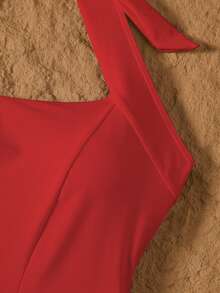 1pc Women's Casual High Neck Tied Solid Color One-Piece Swimsuit - Red - View 6